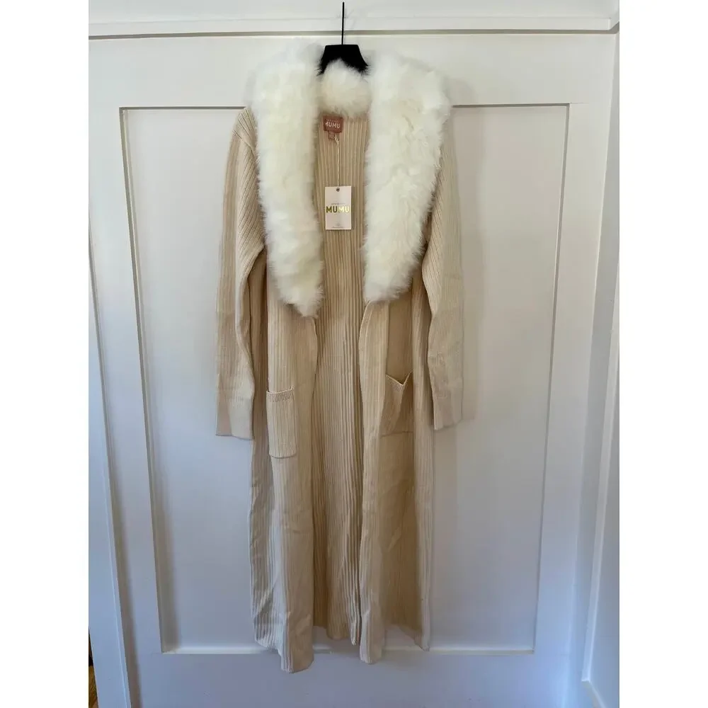 Show Me Your Mumu Lombardi Long Cardi Snowy White Faux Fur Size XL - Picture 2 of 4